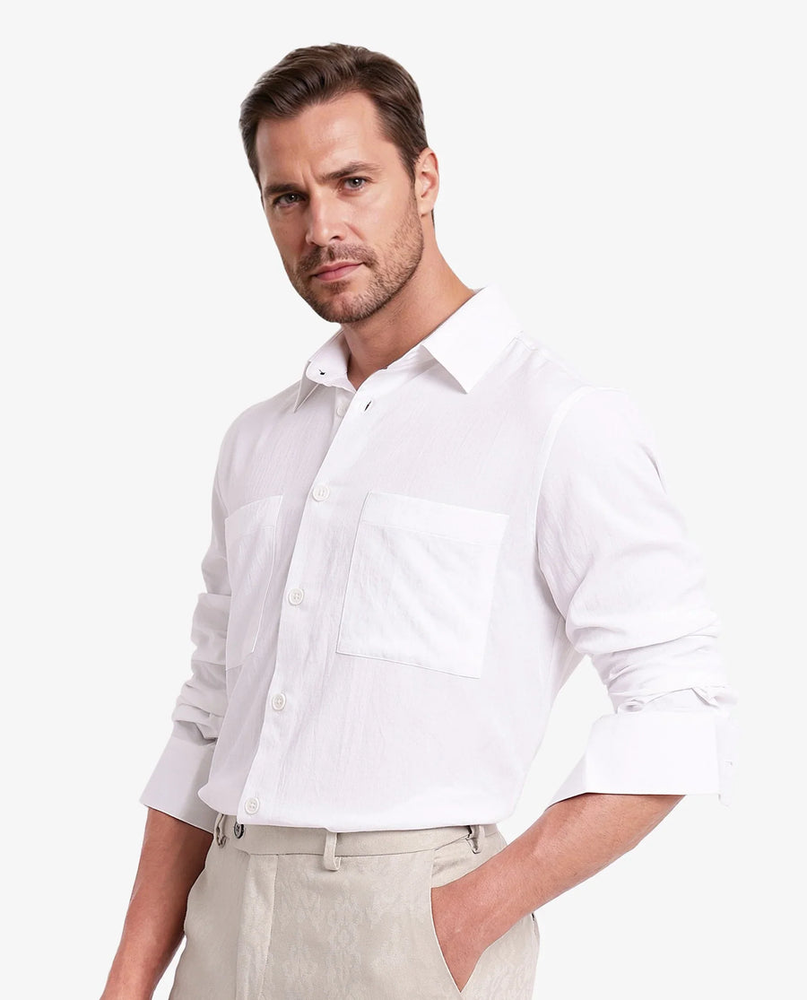 Rare Rabbit Men's Esso White Cotton Blend Plain Boxy Fit Full Sleeve Collared Shirt