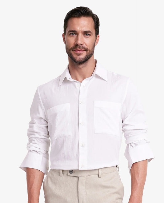 Rare Rabbit Men's Esso White Cotton Blend Plain Boxy Fit Full Sleeve Collared Shirt