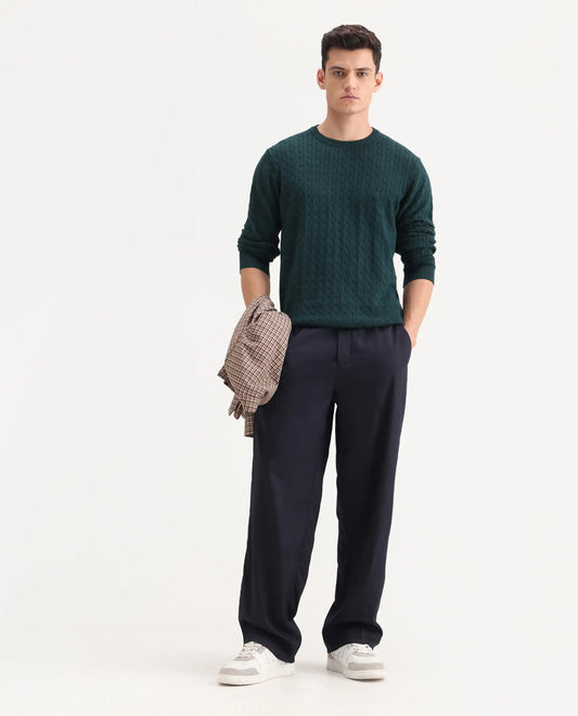 Rare Rabbit Men's Essot Navy Viscose Blend Plain Baggy Fit Trouser