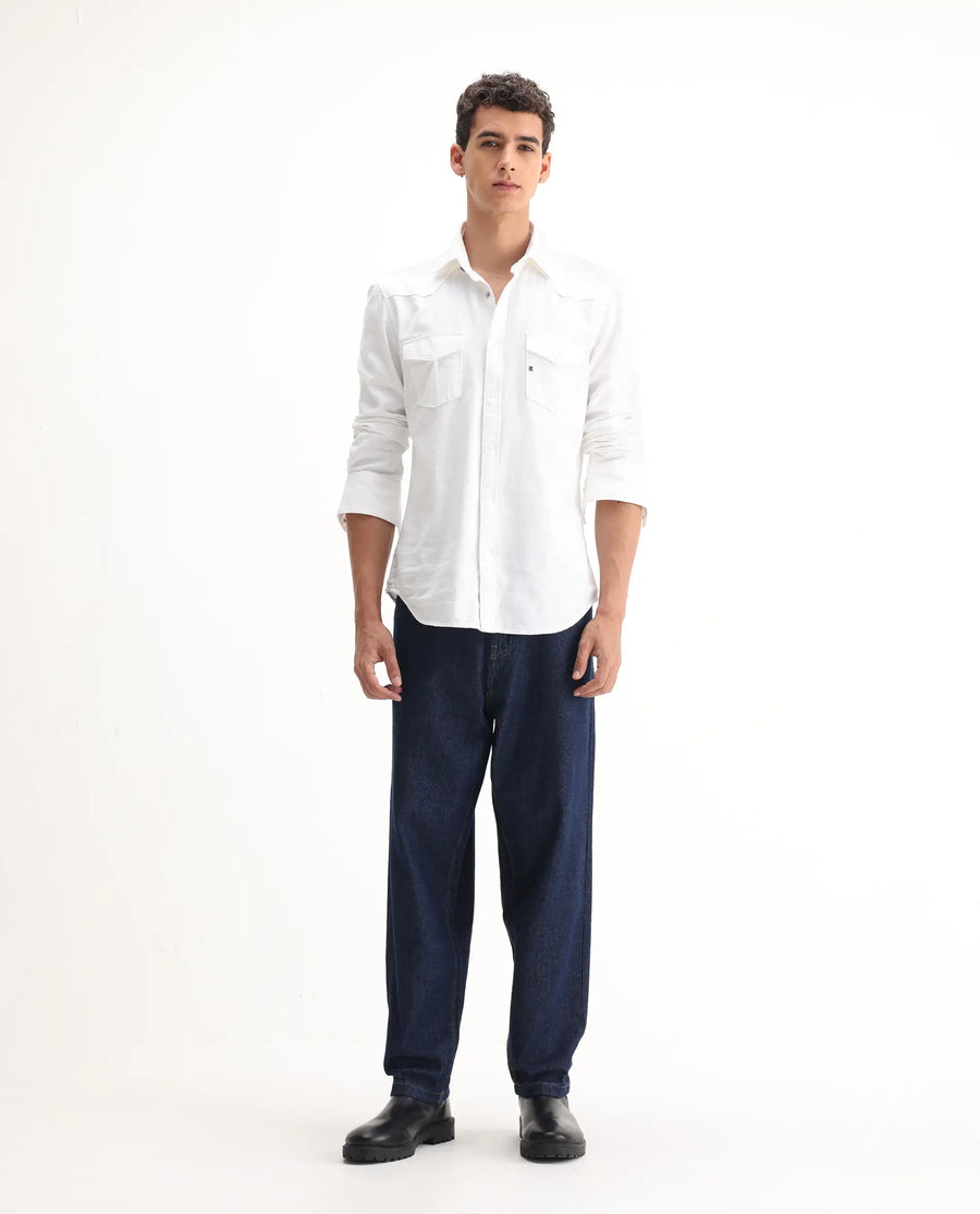 Rare Rabbit Men's Evet-2 Dark Blue Cotton Plain Baggy Fit Jeans