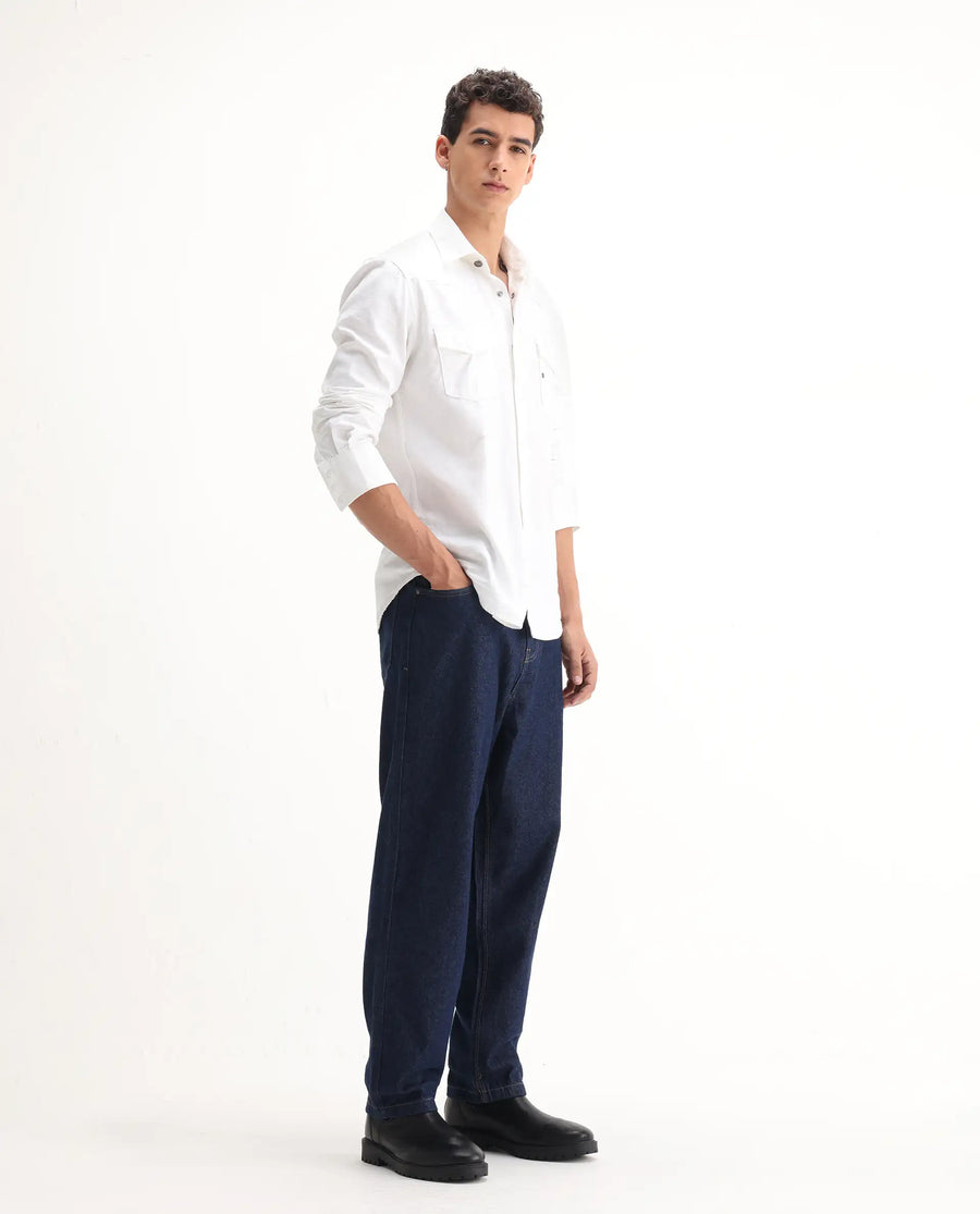 Rare Rabbit Men's Evet-2 Dark Blue Cotton Plain Baggy Fit Jeans