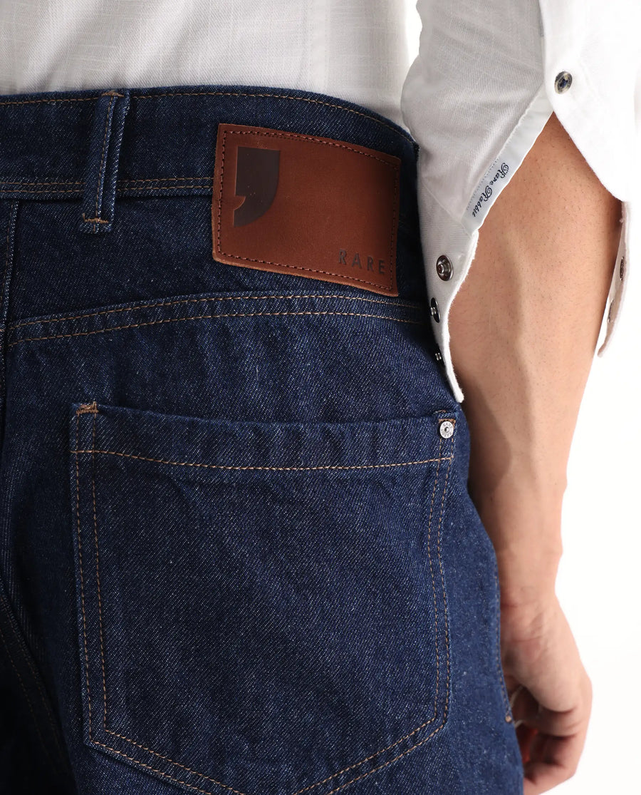Rare Rabbit Men's Evet-2 Dark Blue Cotton Plain Baggy Fit Jeans