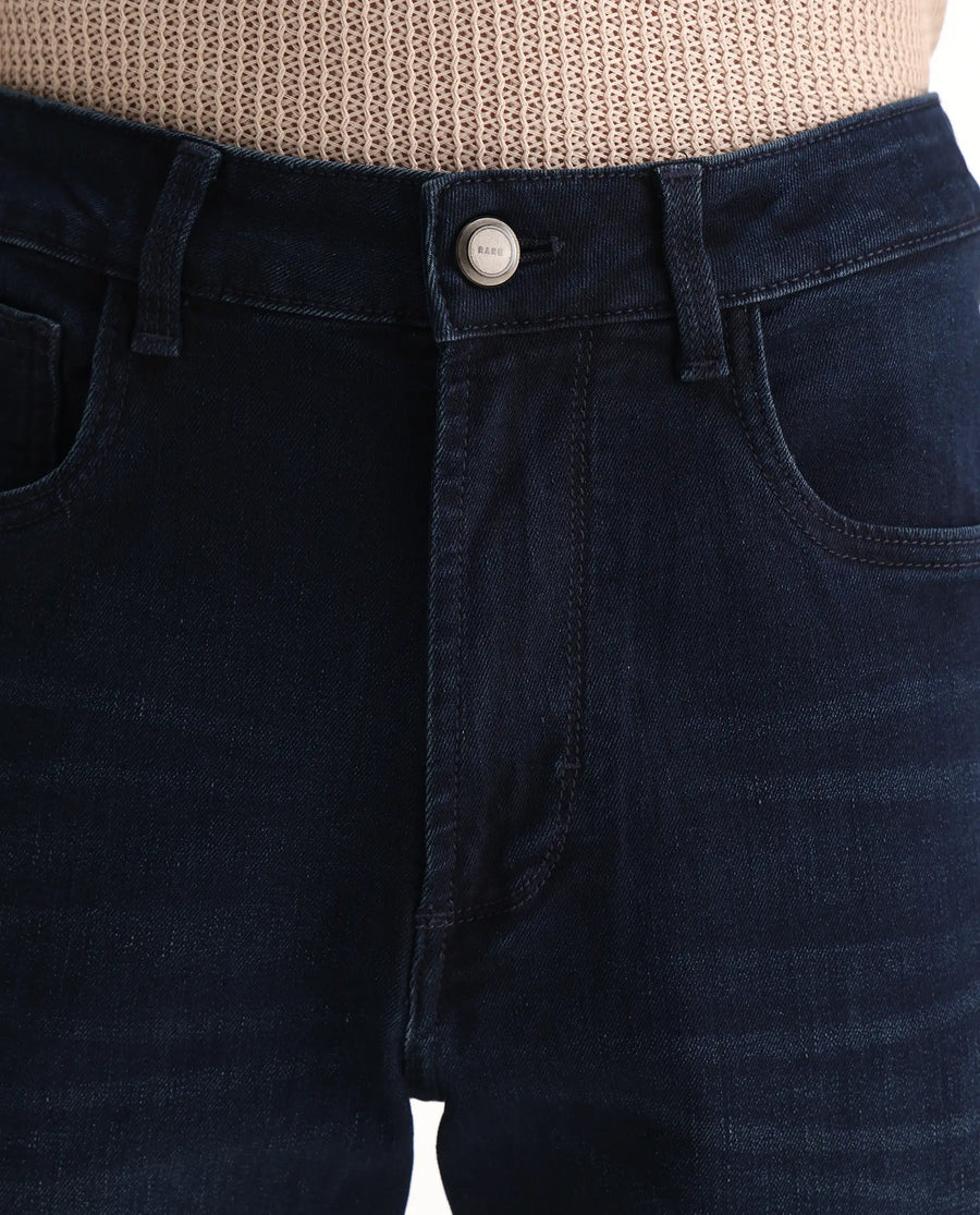 Rare Rabbit Men's Evolve Dark Navy Cotton Blend Plain Morris Regular Fit Jeans