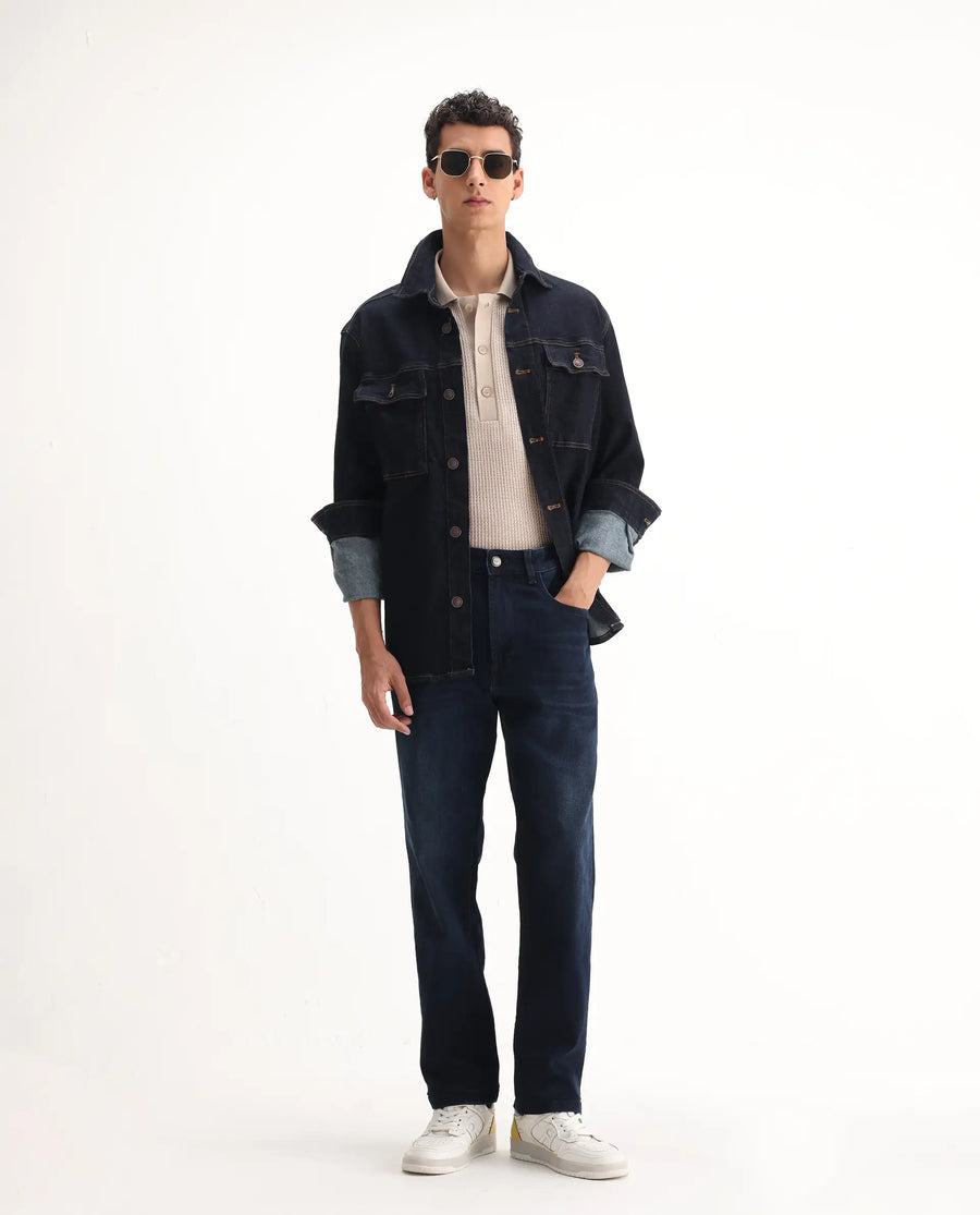Rare Rabbit Men's Evolve Dark Navy Cotton Blend Plain Morris Regular Fit Jeans