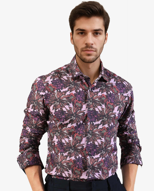 Rare Rabbit Men's Ezee Purple Cotton Floral Print Regular Fit Full Sleeve Collared Shirt