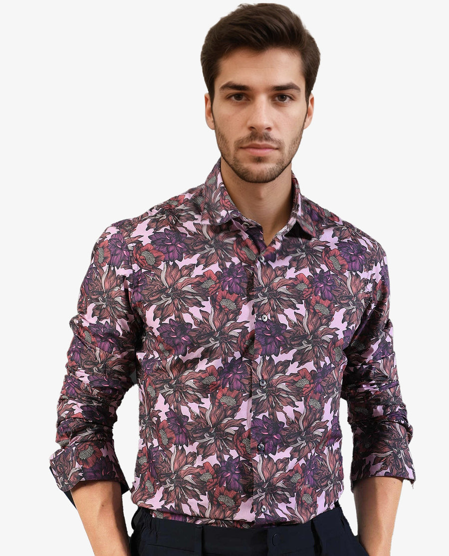 Rare Rabbit Men's Ezee Purple Cotton Floral Print Regular Fit Full Sleeve Collared Shirt