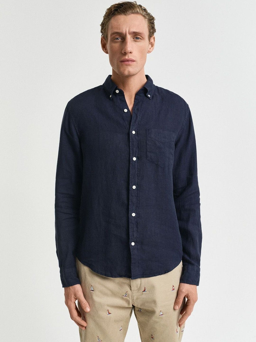 Gant Men Navy Blue Solid Regular Fit Pure Linen Shirt
