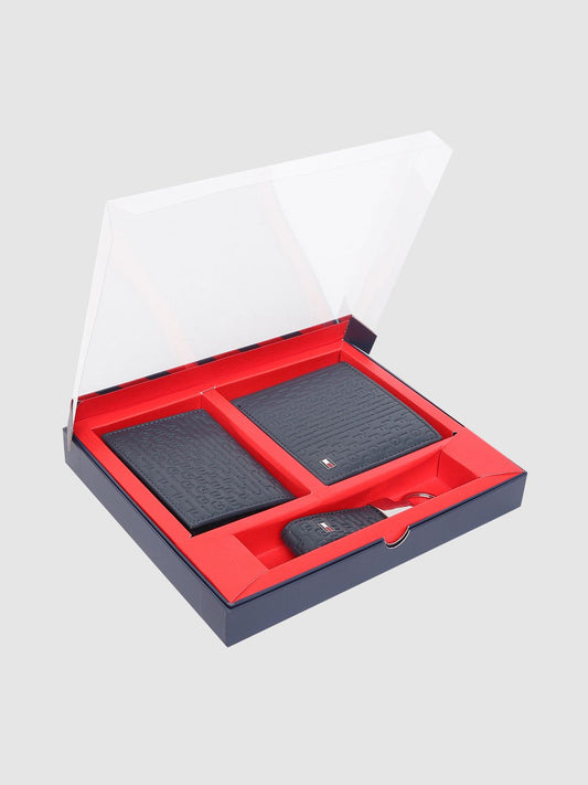 Tommy Hilfiger Men Navy Blue Brand Logo Textured Leather Accessory Gift Set