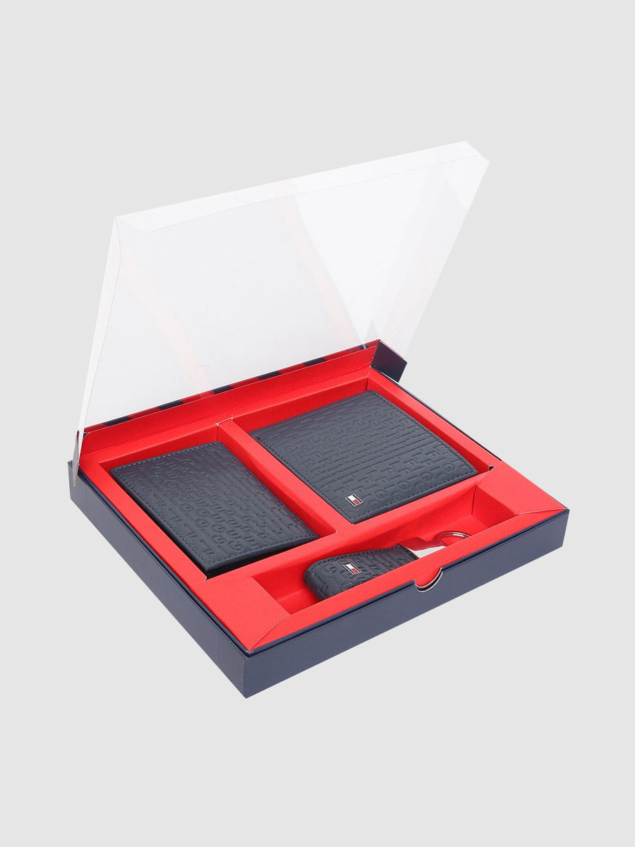 Tommy Hilfiger Men Navy Blue Brand Logo Textured Leather Accessory Gift Set