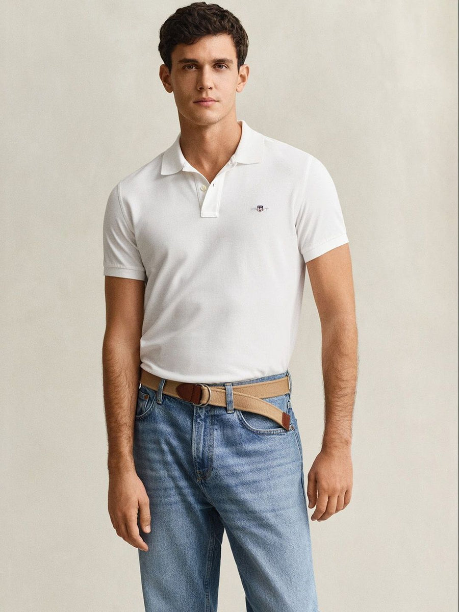 Gant Men White Solid Slim Fit Shield Pique Polo T-Shirt