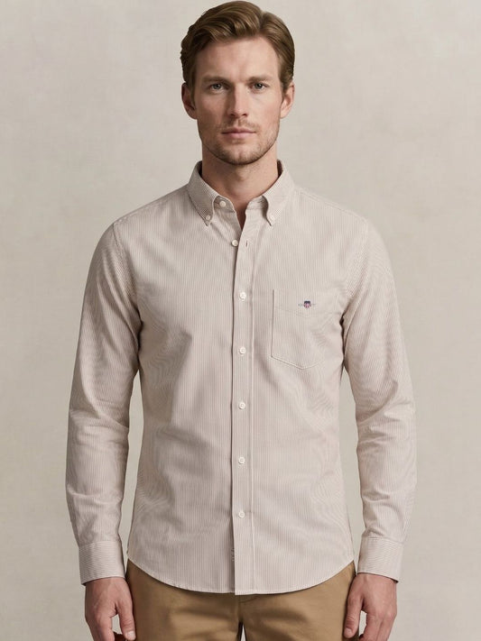 Gant Men Beige Striped Regular Fit Classic Poplin Shirt