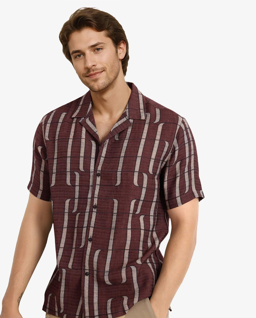 Rare Rabbit Men's Fad Brown Cotton Abstract Print Boxy Fit Half Sleeve Cuban Collar Shirt