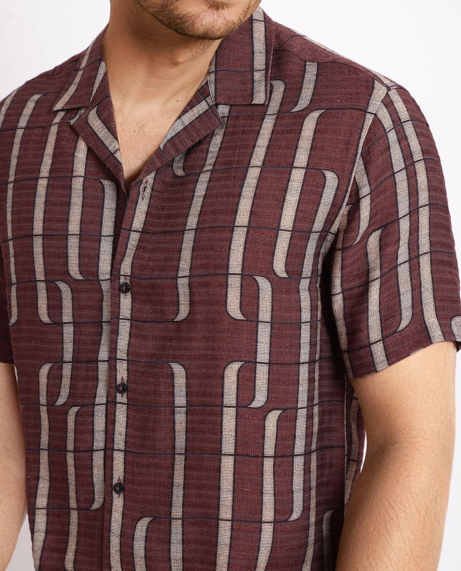 Rare Rabbit Men's Fad Brown Cotton Abstract Print Boxy Fit Half Sleeve Cuban Collar Shirt