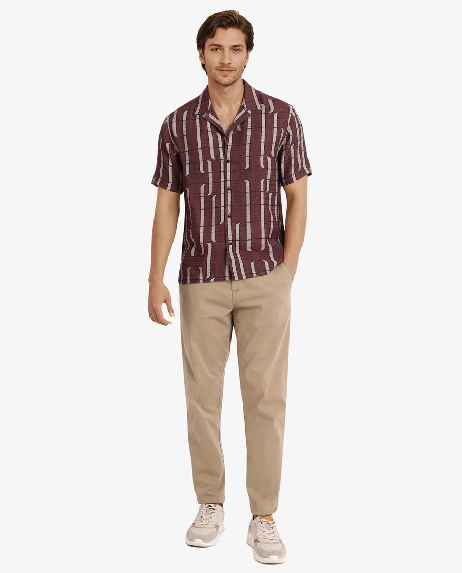 Rare Rabbit Men's Fad Brown Cotton Abstract Print Boxy Fit Half Sleeve Cuban Collar Shirt