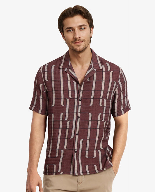 Rare Rabbit Men's Fad Brown Cotton Abstract Print Boxy Fit Half Sleeve Cuban Collar Shirt