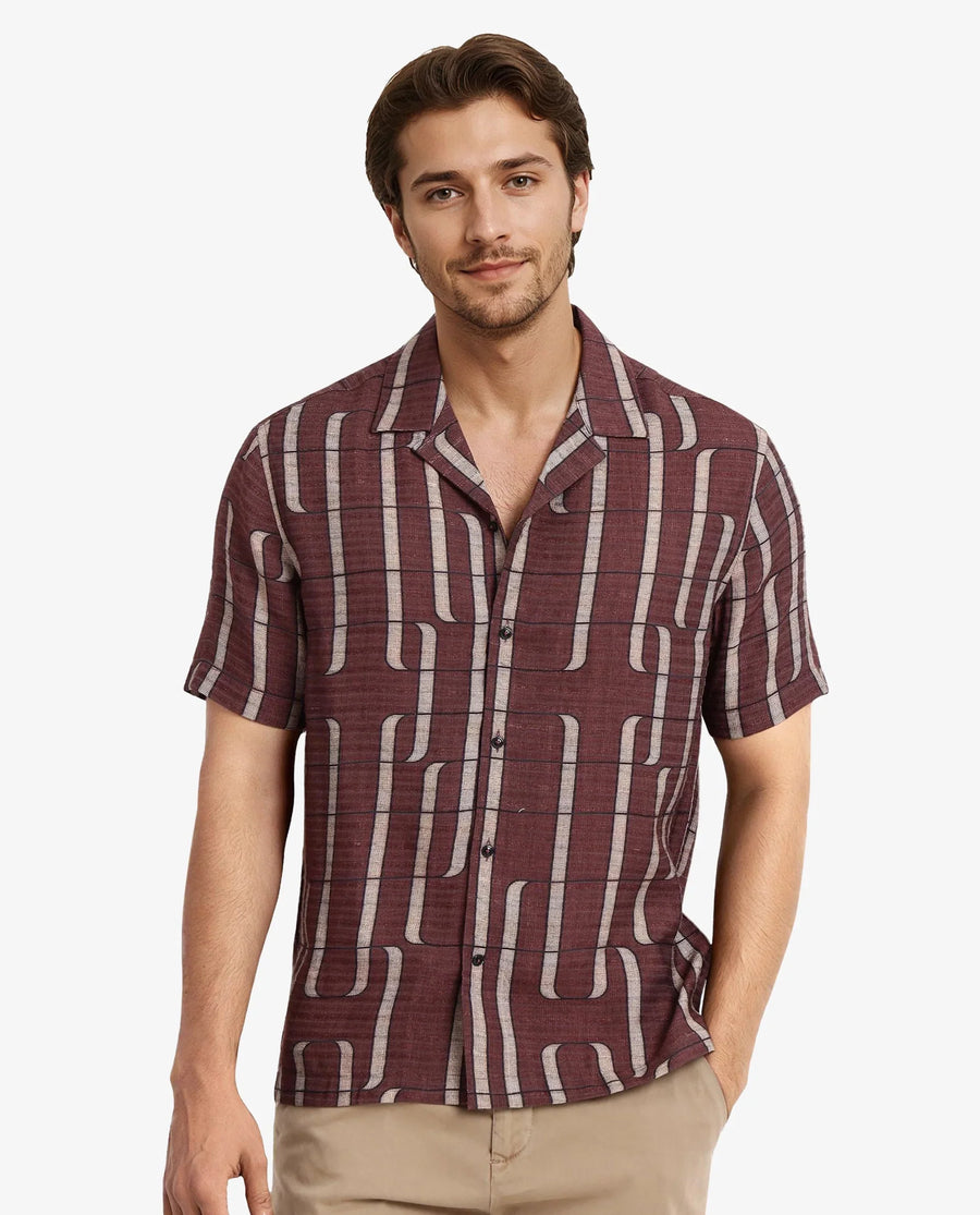 Rare Rabbit Men's Fad Brown Cotton Abstract Print Boxy Fit Half Sleeve Cuban Collar Shirt