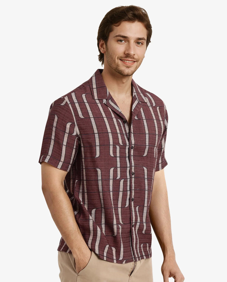 Rare Rabbit Men's Fad Brown Cotton Abstract Print Boxy Fit Half Sleeve Cuban Collar Shirt