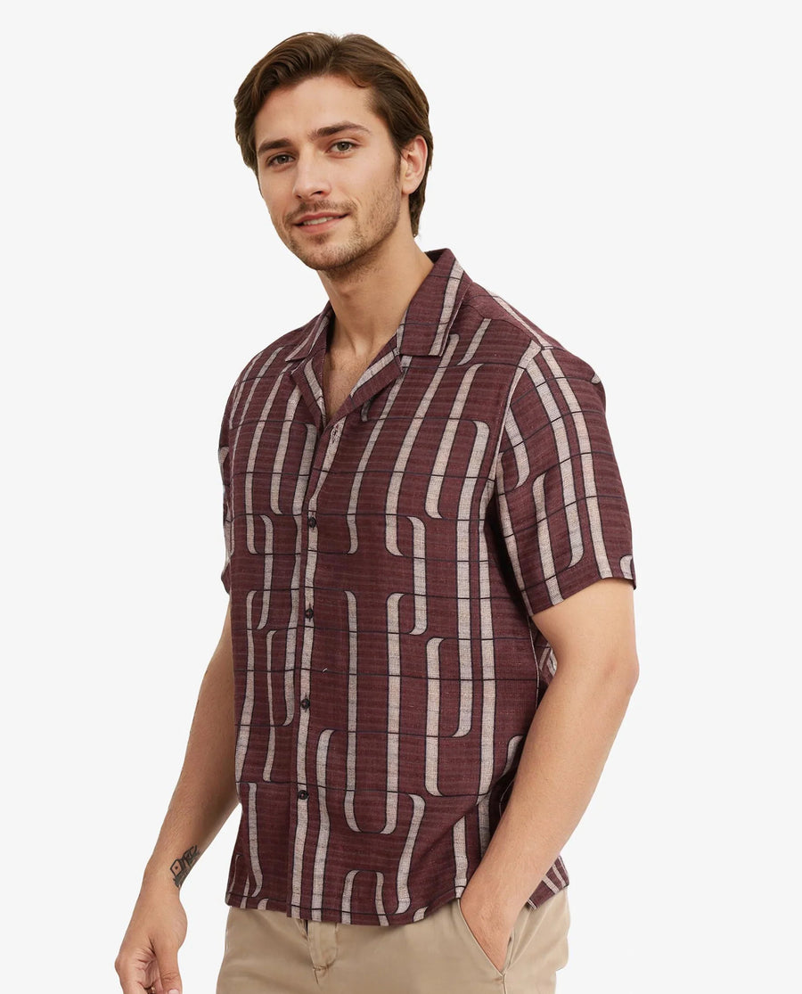 Rare Rabbit Men's Fad Brown Cotton Abstract Print Boxy Fit Half Sleeve Cuban Collar Shirt
