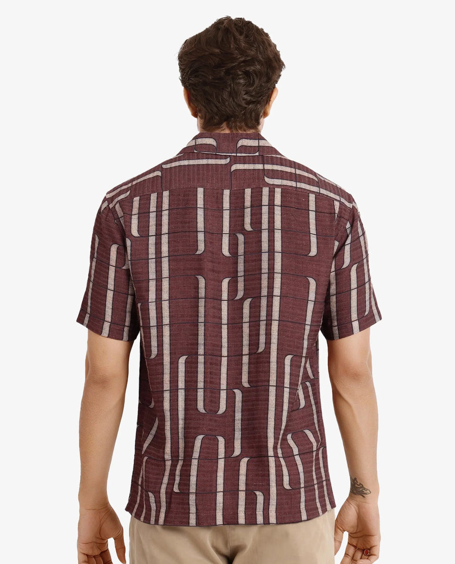 Rare Rabbit Men's Fad Brown Cotton Abstract Print Boxy Fit Half Sleeve Cuban Collar Shirt