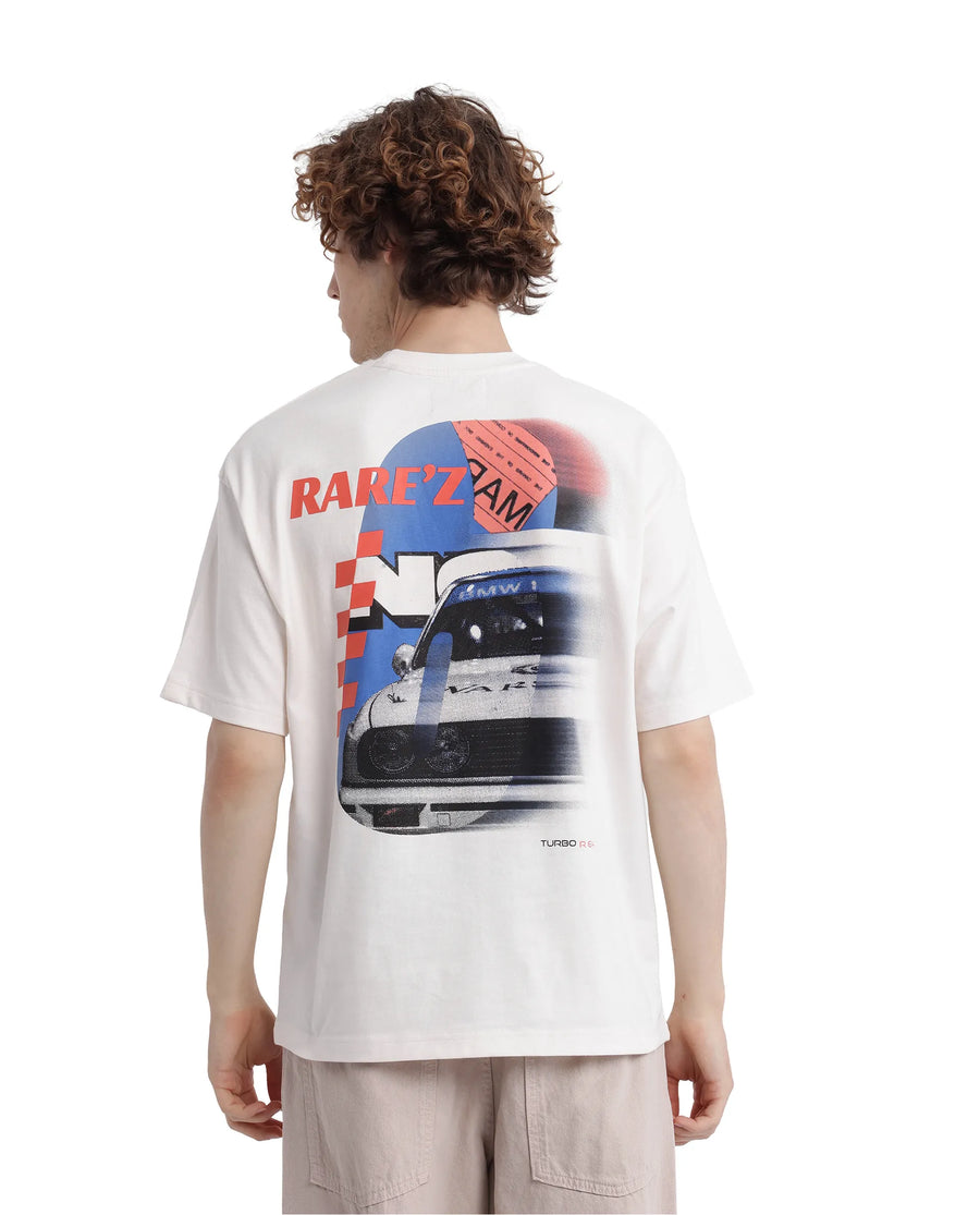 Rare Rabbit Men's Fast Off White Cotton Graphic Print Oversized Fit Half Sleeve Crew Neck T-Shirt