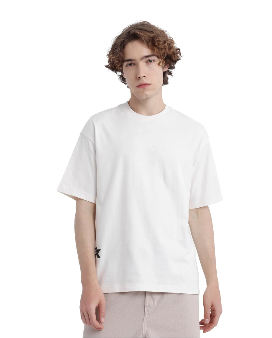 Rare Rabbit Men's Fast Off White Cotton Graphic Print Oversized Fit Half Sleeve Crew Neck T-Shirt