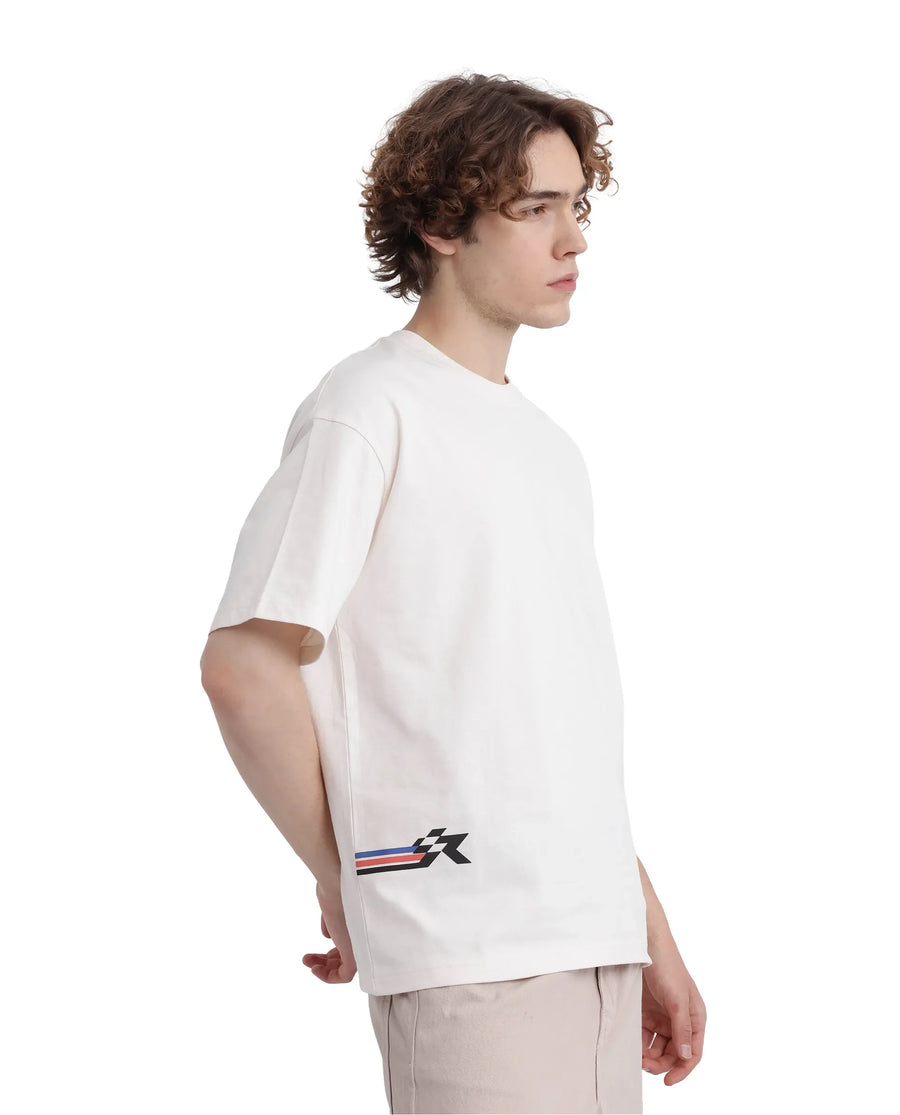 Rare Rabbit Men's Fast Off White Cotton Graphic Print Oversized Fit Half Sleeve Crew Neck T-Shirt