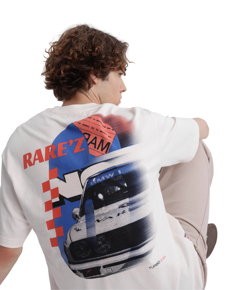 Rare Rabbit Men's Fast Off White Cotton Graphic Print Oversized Fit Half Sleeve Crew Neck T-Shirt