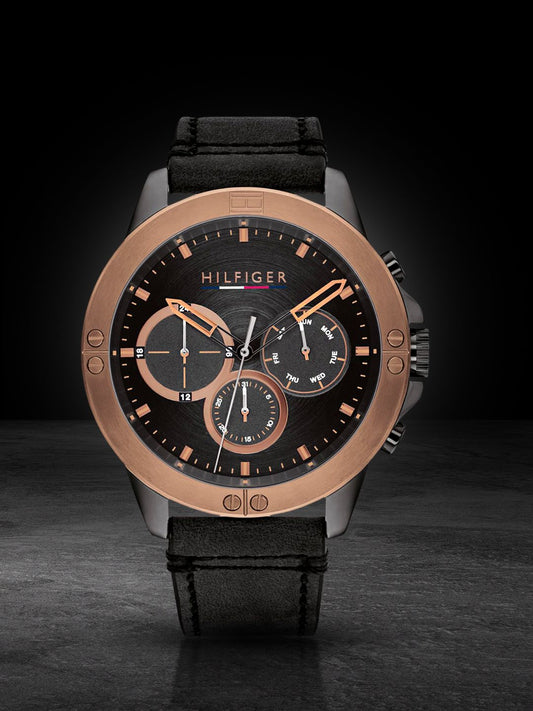 Tommy Hilfiger Men Black Stainless Steel Leather Strap Analogue Watch