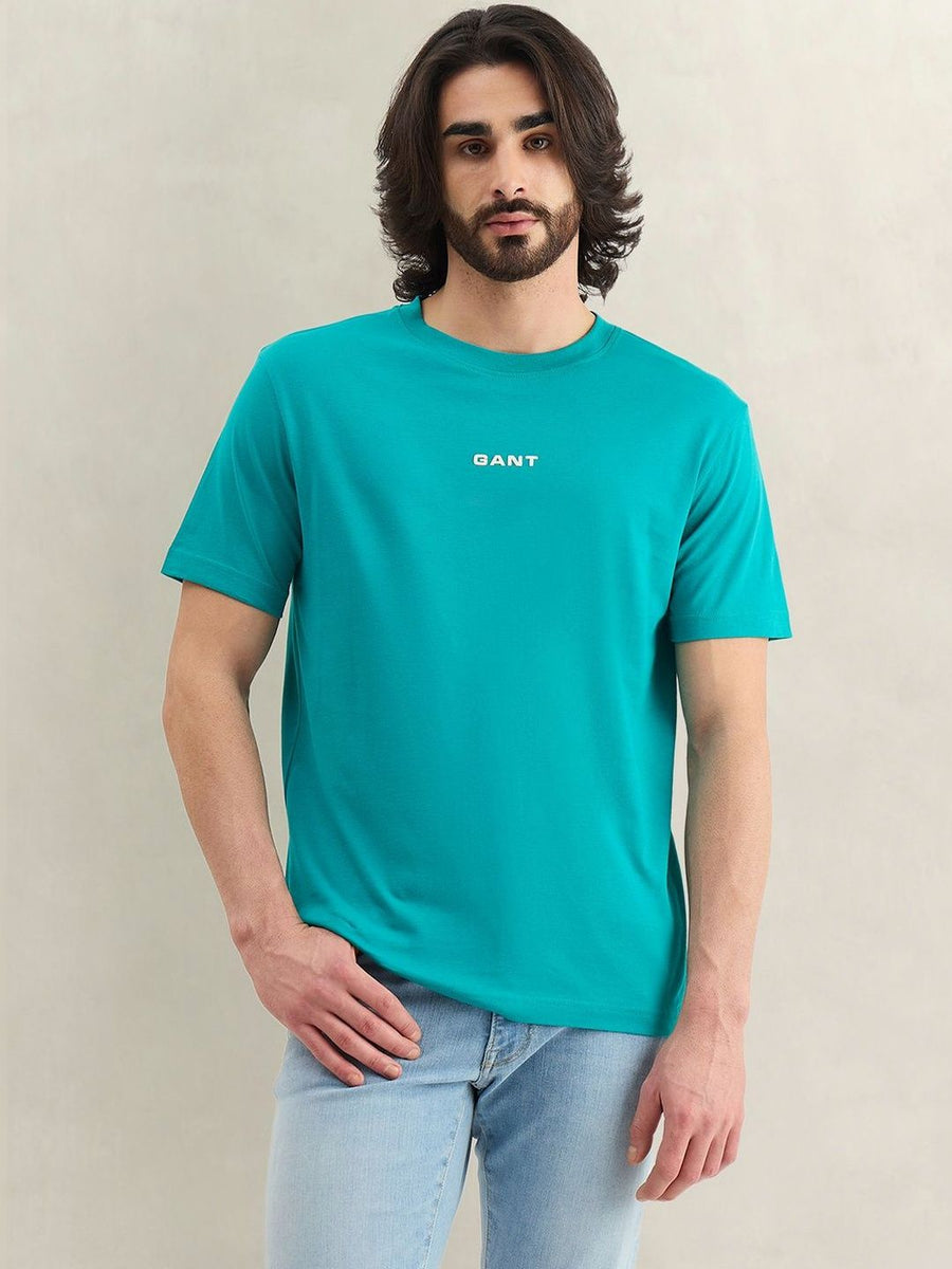 Gant Men Turquoise Solid Regular Fit Pure Cotton T-Shirt