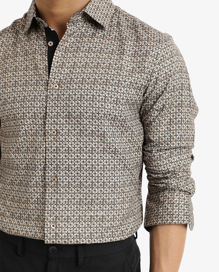 Rare Rabbit Men's Fich Beige Cotton Blend Geometric Print Regular Fit Full Sleeve Collared Shirt