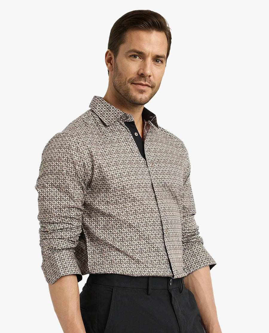 Rare Rabbit Men's Fich Beige Cotton Blend Geometric Print Regular Fit Full Sleeve Collared Shirt