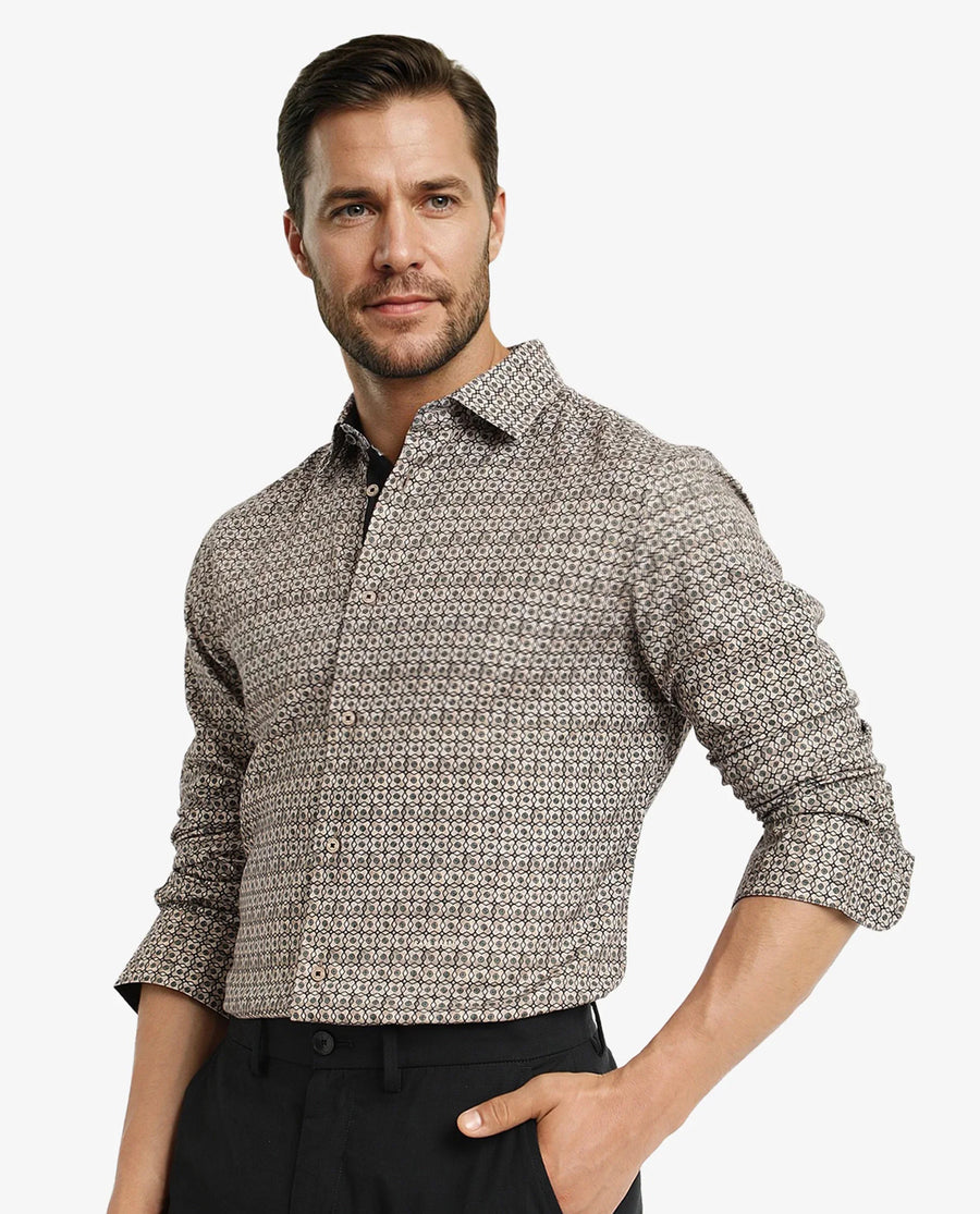 Rare Rabbit Men's Fich Beige Cotton Blend Geometric Print Regular Fit Full Sleeve Collared Shirt