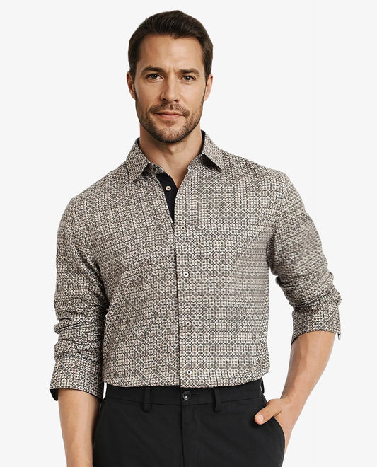Rare Rabbit Men's Fich Beige Cotton Blend Geometric Print Regular Fit Full Sleeve Collared Shirt