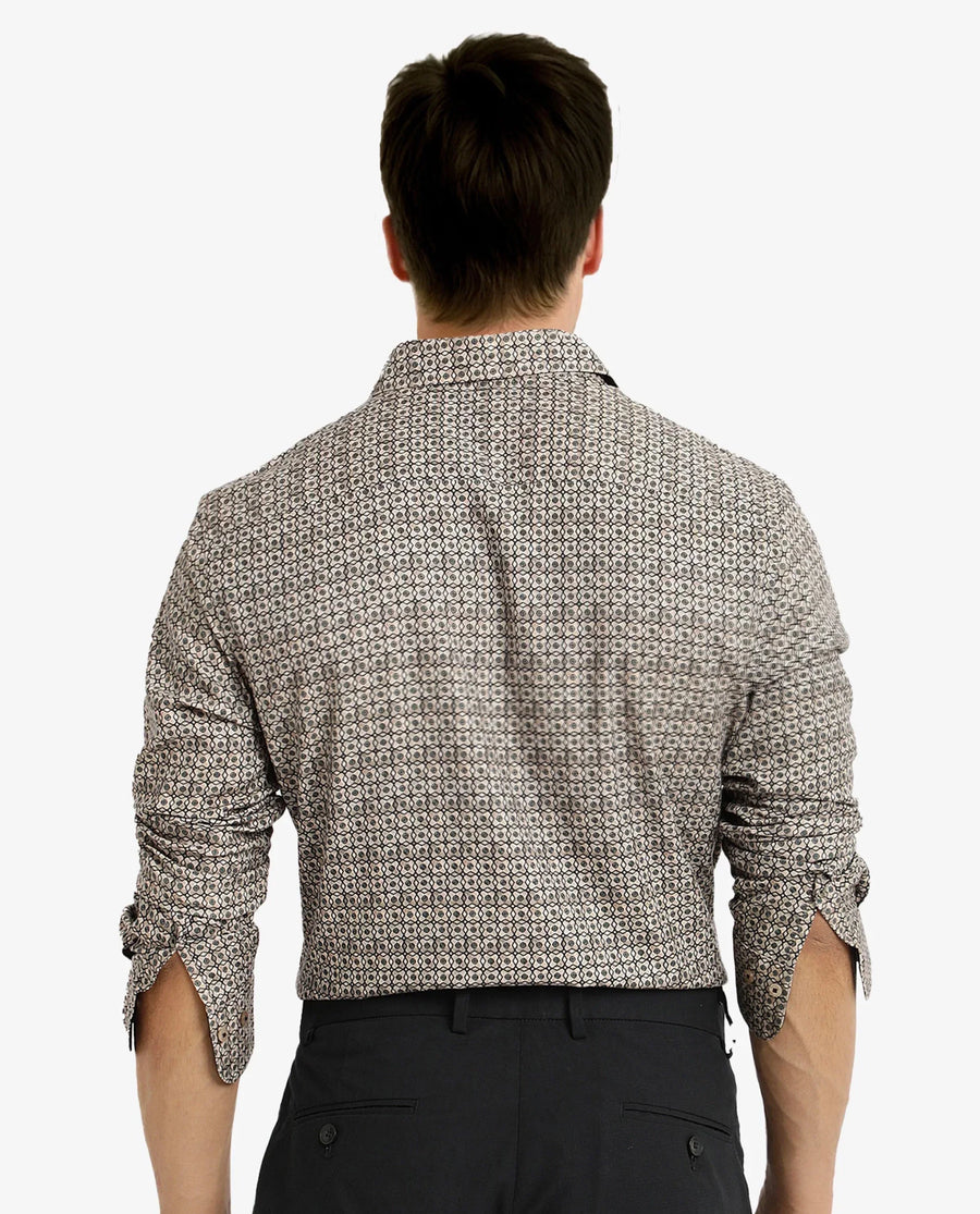 Rare Rabbit Men's Fich Beige Cotton Blend Geometric Print Regular Fit Full Sleeve Collared Shirt