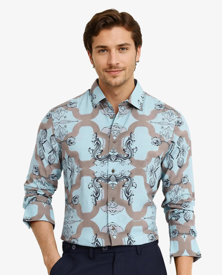 Rare Rabbit Men's Firce Dusky Turq Cotton Abstract Print Regular Fit Full Sleeve Collared Shirt