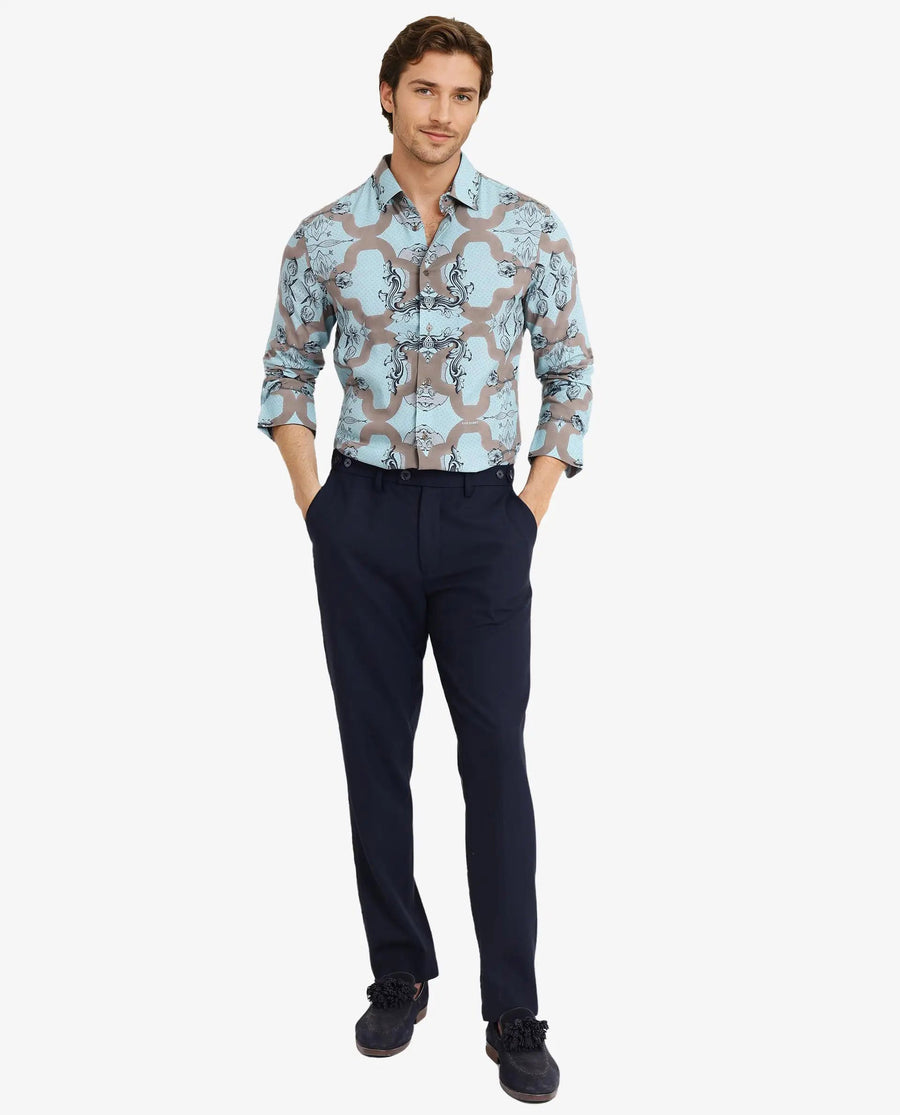 Rare Rabbit Men's Firce Dusky Turq Cotton Abstract Print Regular Fit Full Sleeve Collared Shirt