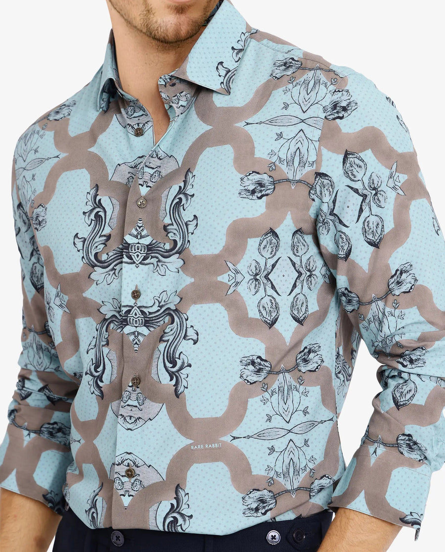 Rare Rabbit Men's Firce Dusky Turq Cotton Abstract Print Regular Fit Full Sleeve Collared Shirt