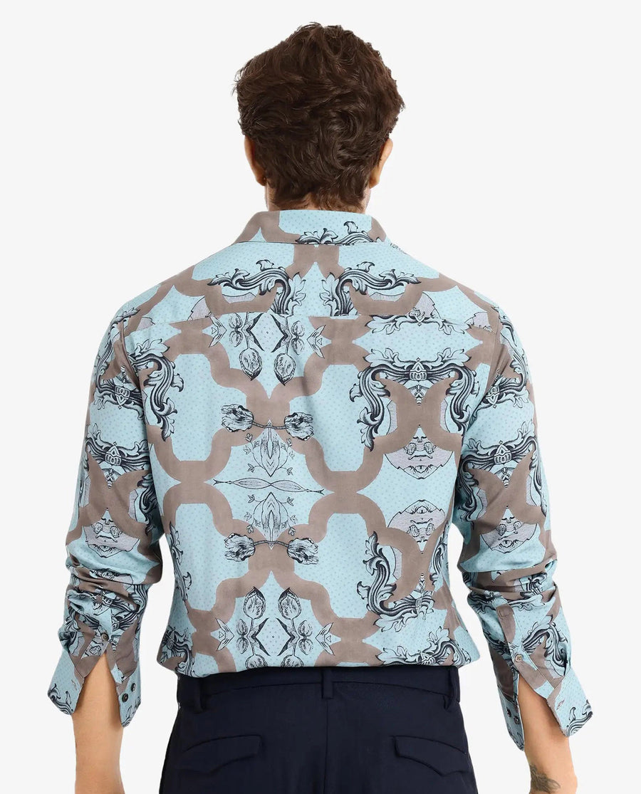 Rare Rabbit Men's Firce Dusky Turq Cotton Abstract Print Regular Fit Full Sleeve Collared Shirt