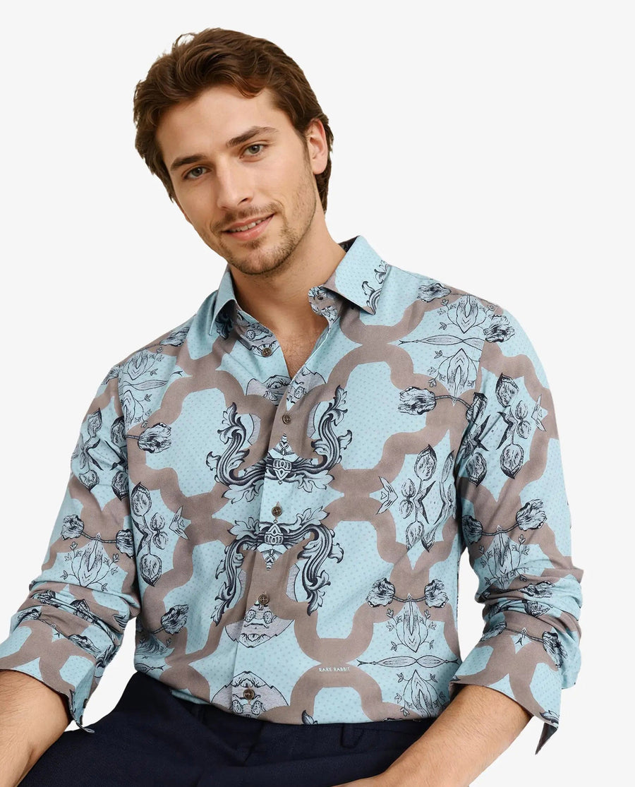 Rare Rabbit Men's Firce Dusky Turq Cotton Abstract Print Regular Fit Full Sleeve Collared Shirt