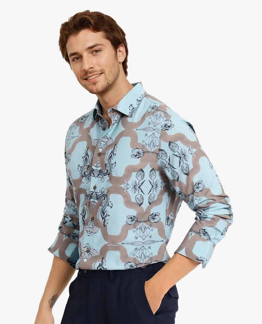 Rare Rabbit Men's Firce Dusky Turq Cotton Abstract Print Regular Fit Full Sleeve Collared Shirt