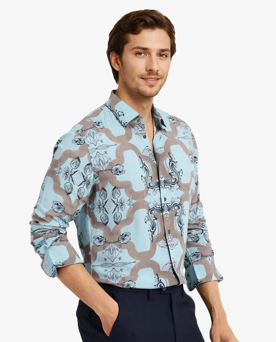 Rare Rabbit Men's Firce Dusky Turq Cotton Abstract Print Regular Fit Full Sleeve Collared Shirt