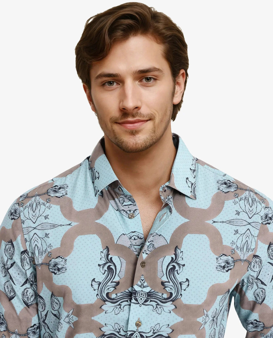 Rare Rabbit Men's Firce Dusky Turq Cotton Abstract Print Regular Fit Full Sleeve Collared Shirt