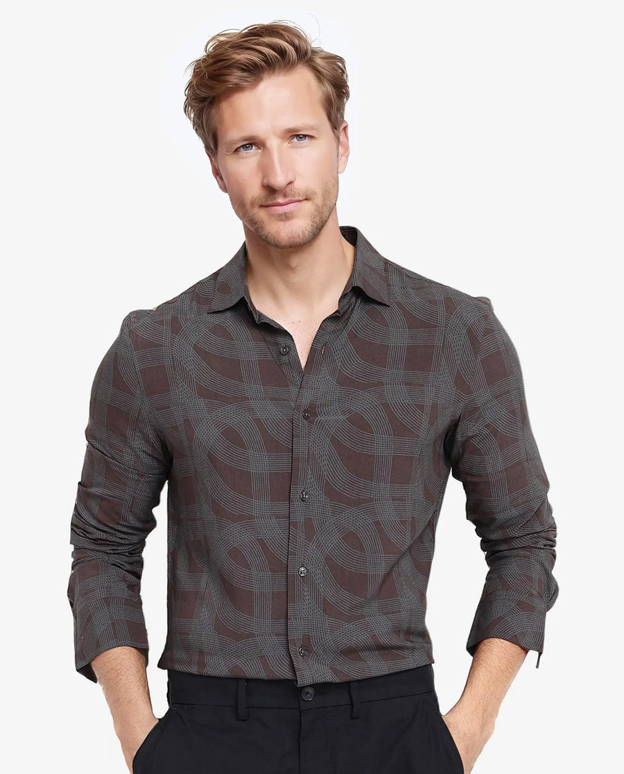 Rare Rabbit Men's Fiskur Dark Brown Geometric Print Regular Fit Full Sleeve Collared Shirt