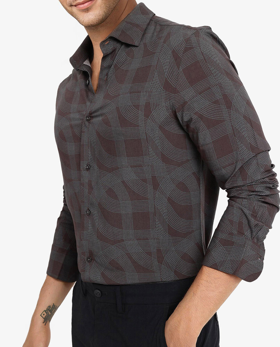 Rare Rabbit Men's Fiskur Dark Brown Geometric Print Regular Fit Full Sleeve Collared Shirt