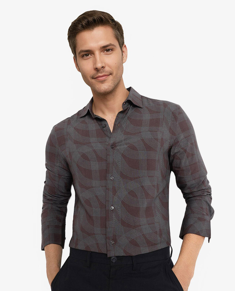 Rare Rabbit Men's Fiskur Dark Brown Geometric Print Regular Fit Full Sleeve Collared Shirt