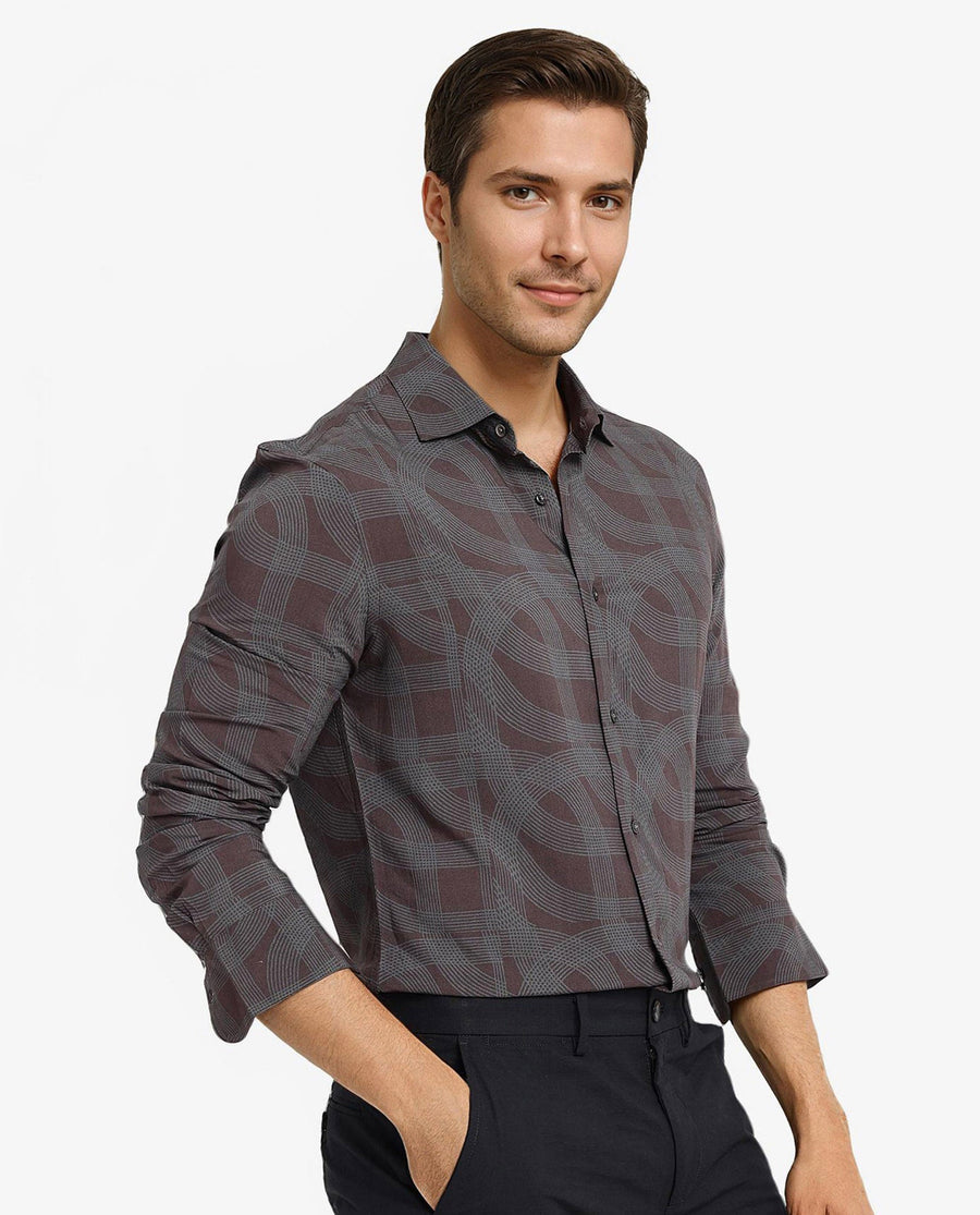 Rare Rabbit Men's Fiskur Dark Brown Geometric Print Regular Fit Full Sleeve Collared Shirt