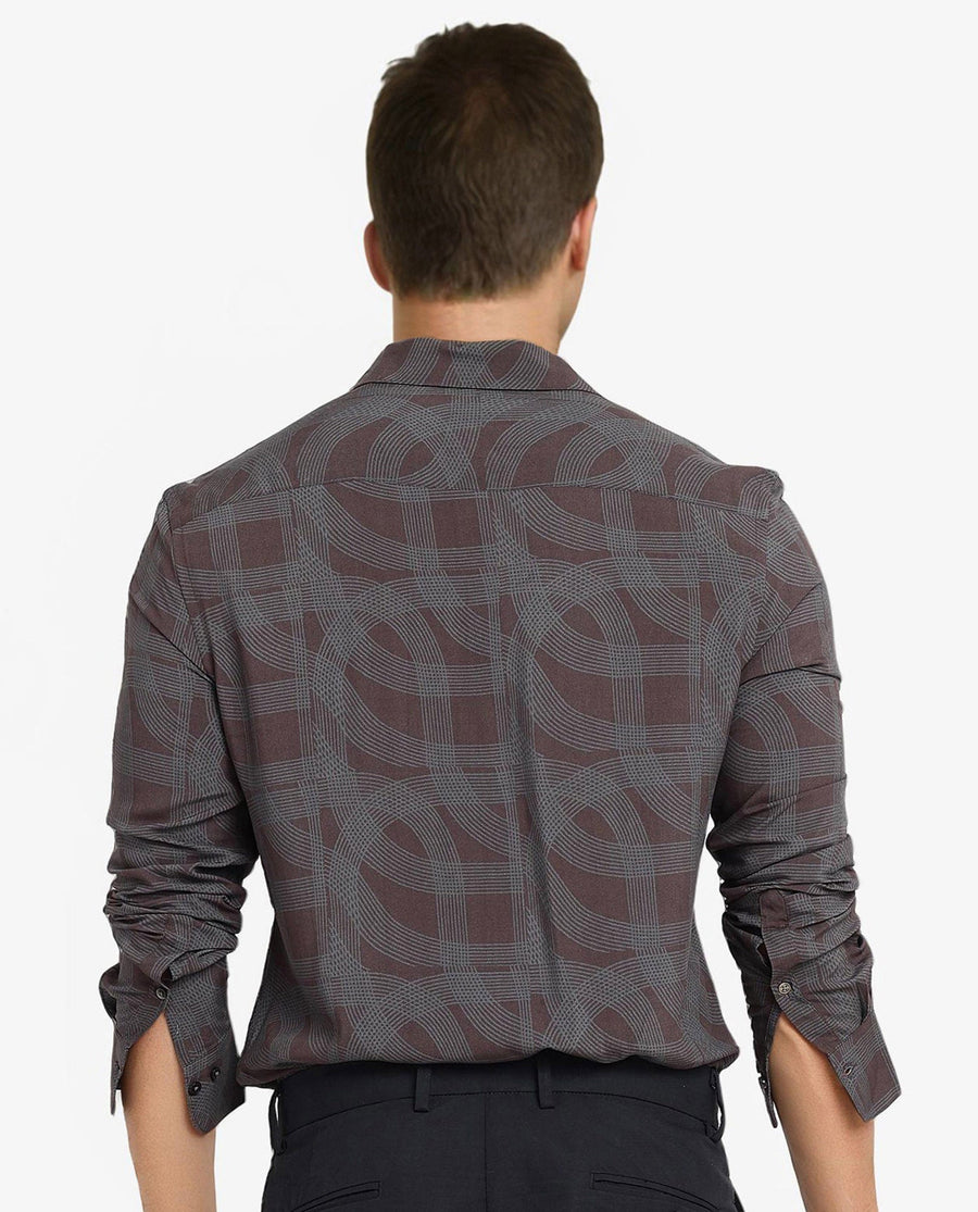 Rare Rabbit Men's Fiskur Dark Brown Geometric Print Regular Fit Full Sleeve Collared Shirt