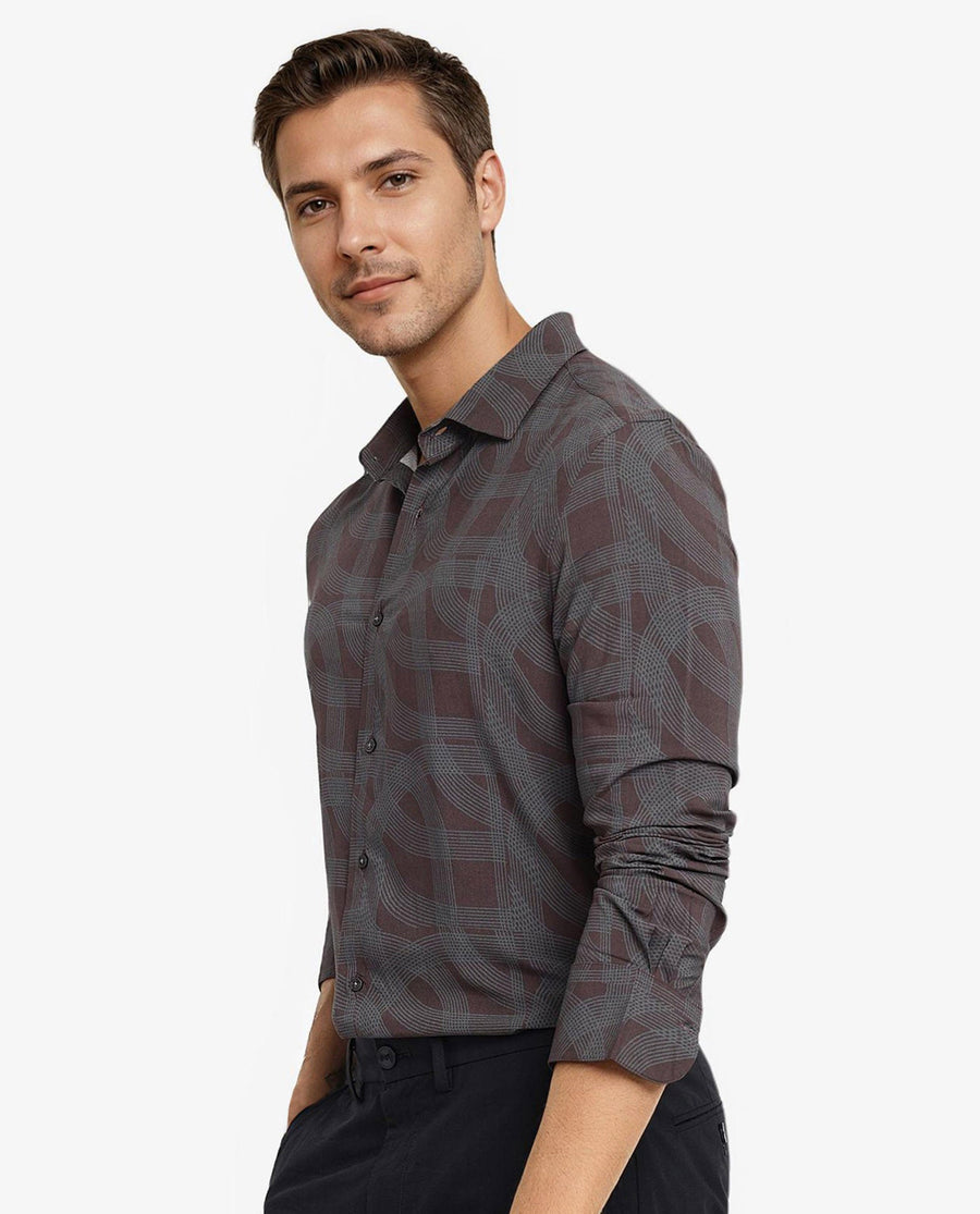 Rare Rabbit Men's Fiskur Dark Brown Geometric Print Regular Fit Full Sleeve Collared Shirt
