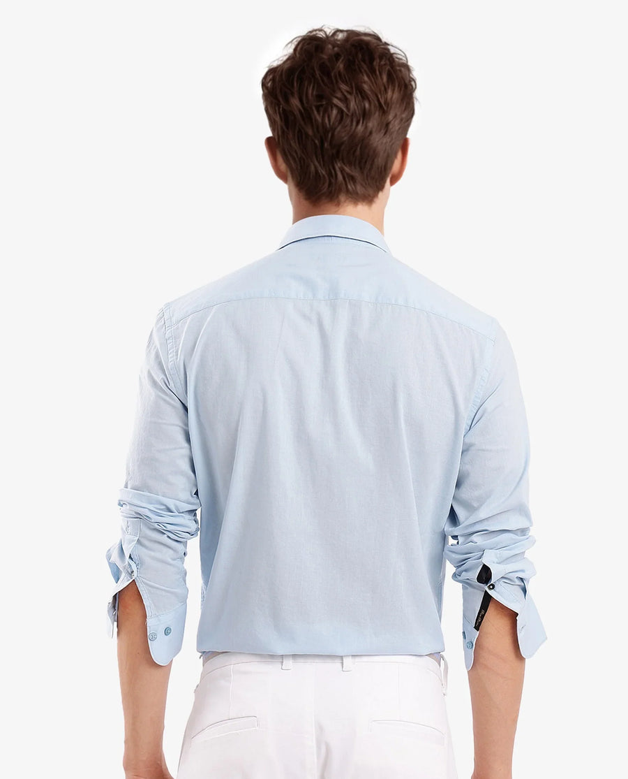 Rare Rabbit Men's Flees Light Blue Cotton Plain Regular Fit Full Sleeve Collared Shirt
