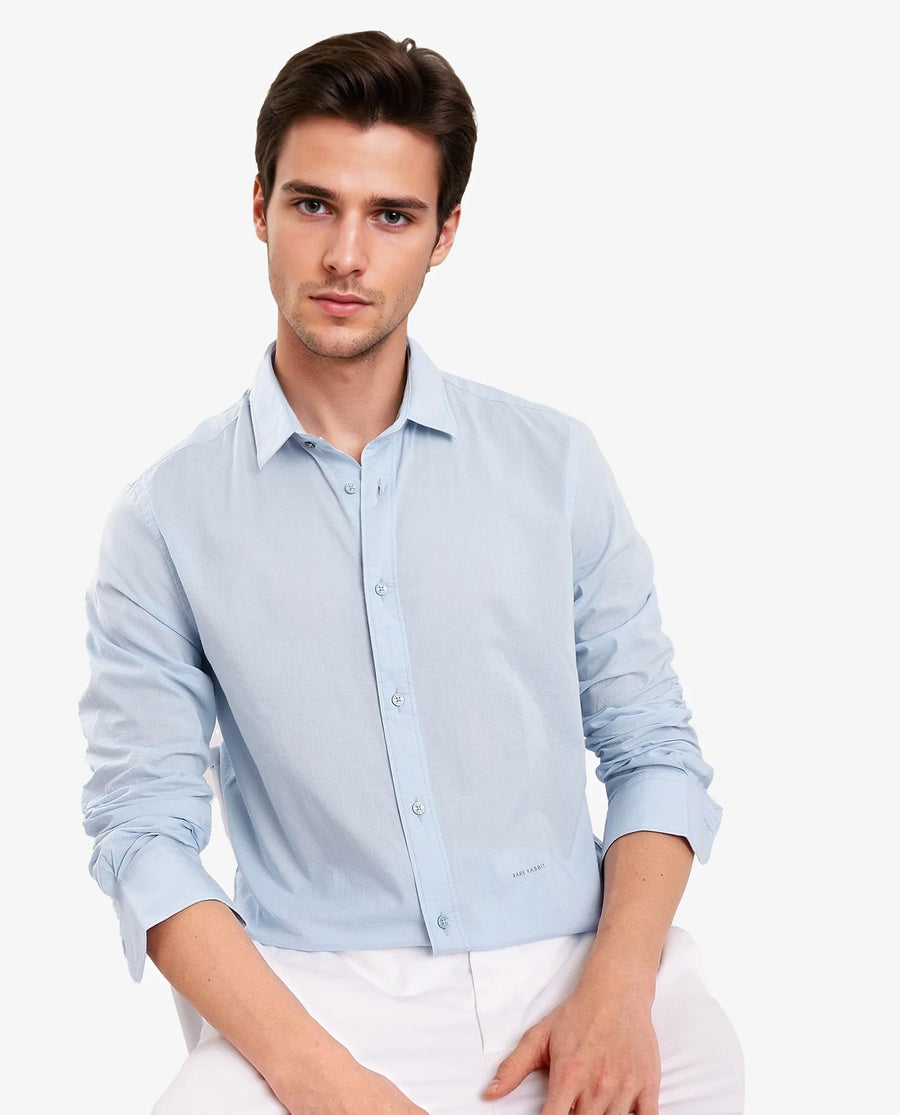 Rare Rabbit Men's Flees Light Blue Cotton Plain Regular Fit Full Sleeve Collared Shirt
